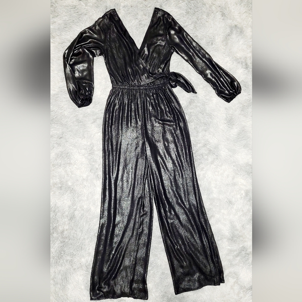 Long-sleeve Metallic Black Wide Leg Elegant Jumpsuit - Picture 2 of 4